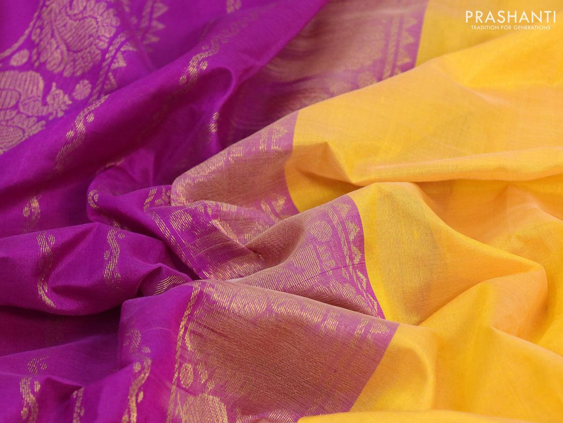 Silk cotton saree yellow and purple with plain body and annam zari woven border - {{ collection.title }} by Prashanti Sarees