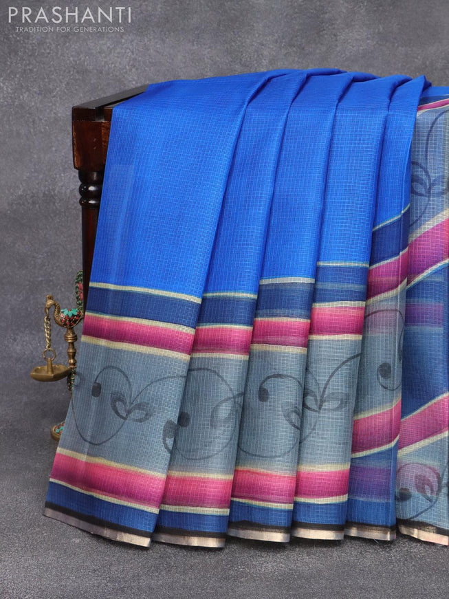 Silk kota saree blue with allover prints and zari woven piping border - {{ collection.title }} by Prashanti Sarees