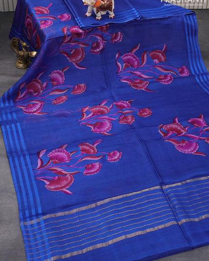 Silk kota saree blue with floral prints and simple border - {{ collection.title }} by Prashanti Sarees