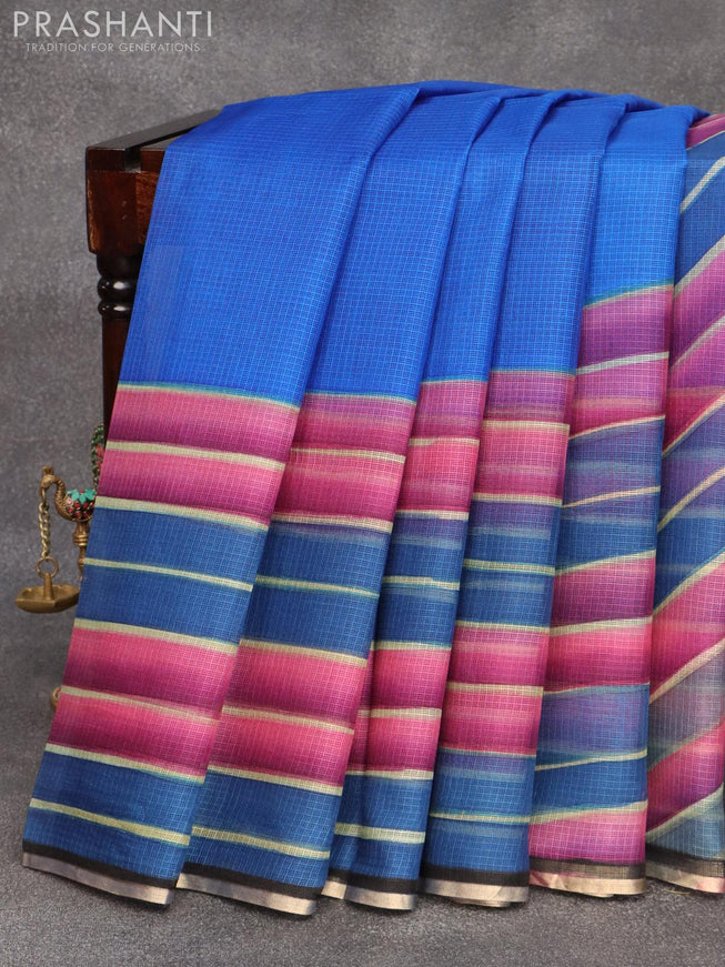 Silk kota saree blue with wavy prints and zari woven piping border - {{ collection.title }} by Prashanti Sarees