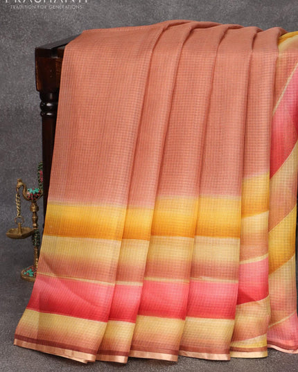 Silk kota saree brown with allover stripes pattern and zari woven piping border - {{ collection.title }} by Prashanti Sarees