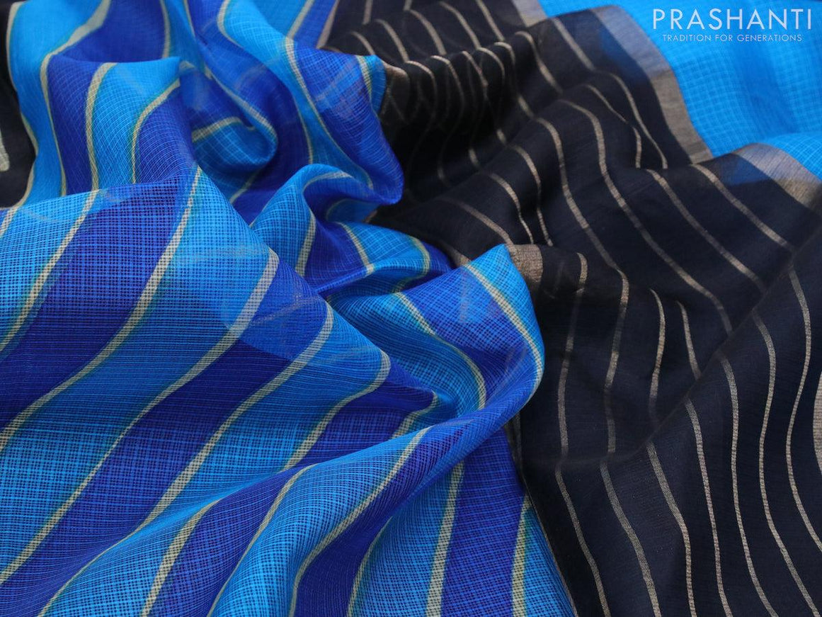 Silk kota saree cs blue and black with allover stripes pattern and zari woven piping border - {{ collection.title }} by Prashanti Sarees