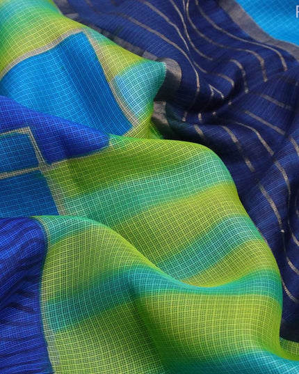 Silk kota saree green and blue with allover geometric prints and zari woven piping border - {{ collection.title }} by Prashanti Sarees