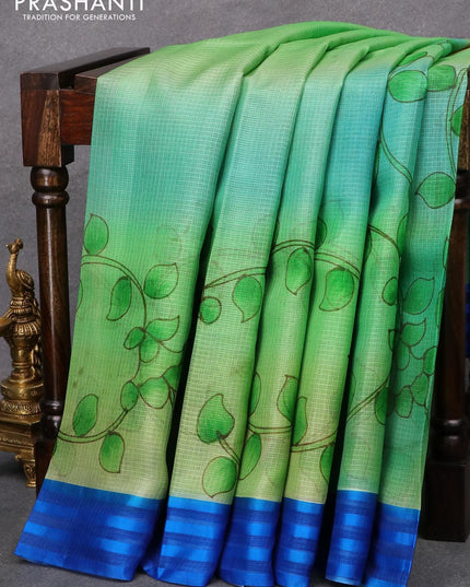 Silk kota saree green and blue with allover kalamkari prints and simple border - {{ collection.title }} by Prashanti Sarees