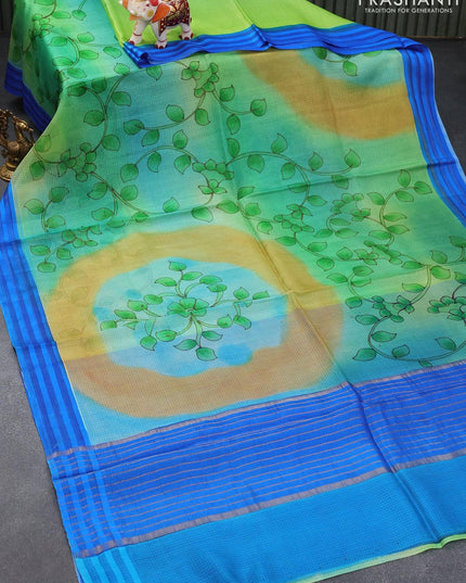Silk kota saree green and blue with allover kalamkari prints and simple border - {{ collection.title }} by Prashanti Sarees