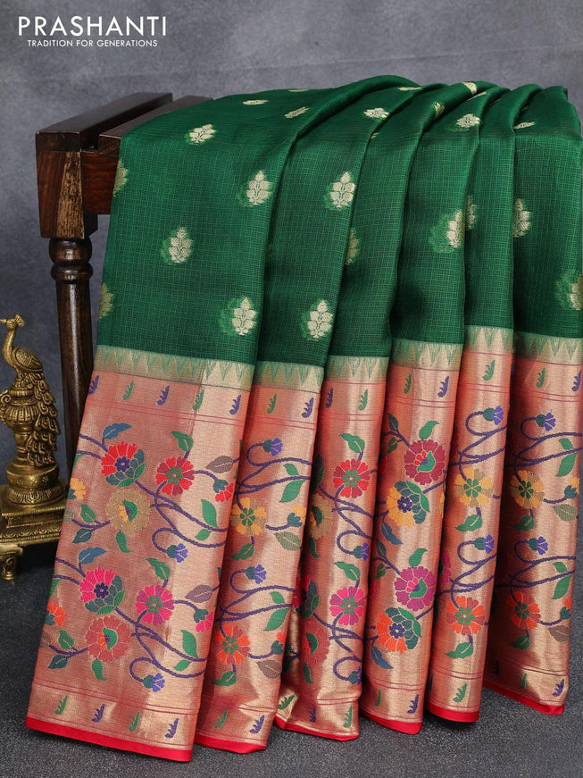 Silk kota saree green and red with zari woven buttas and long zari woven floral design paithani border - {{ collection.title }} by Prashanti Sarees