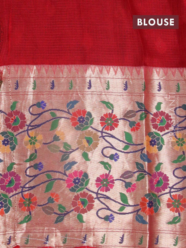 Silk kota saree green and red with zari woven buttas and long zari woven floral design paithani border - {{ collection.title }} by Prashanti Sarees