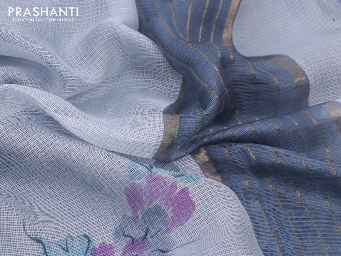 Silk kota saree grey with allover floral prints and simple border - {{ collection.title }} by Prashanti Sarees