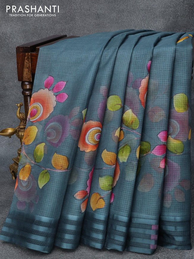Silk kota saree grey with allover kalamkari prints and simple border - {{ collection.title }} by Prashanti Sarees