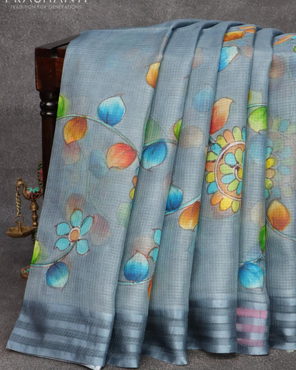 Silk kota saree grey with floral prints and simple border - {{ collection.title }} by Prashanti Sarees