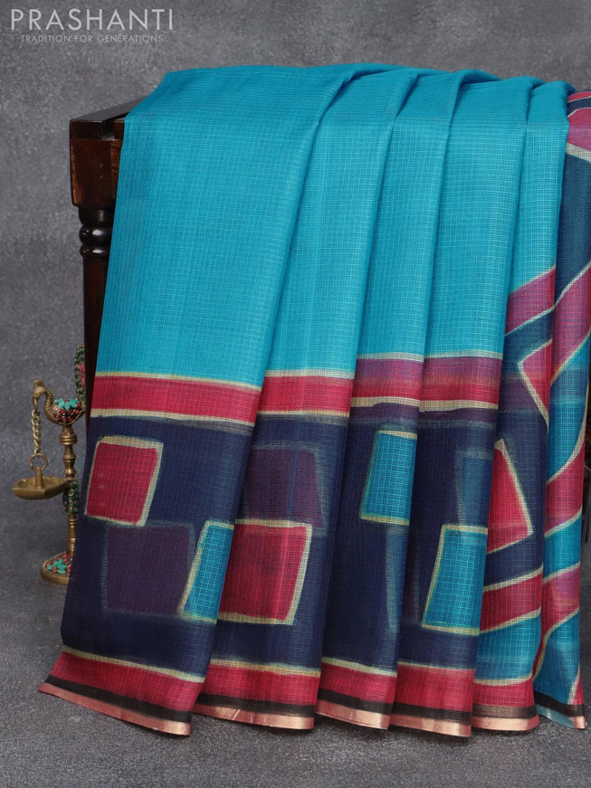 Silk kota saree light blue and black with wavy prints and zari woven piping border - {{ collection.title }} by Prashanti Sarees