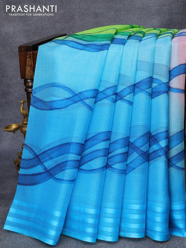Silk kota saree light green and light blue with allover prints and simple border - {{ collection.title }} by Prashanti Sarees