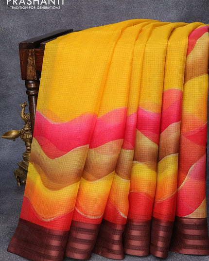Silk kota saree mango yellow and brown with wavy prints and simple border - {{ collection.title }} by Prashanti Sarees