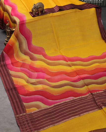 Silk kota saree mango yellow and brown with wavy prints and simple border - {{ collection.title }} by Prashanti Sarees