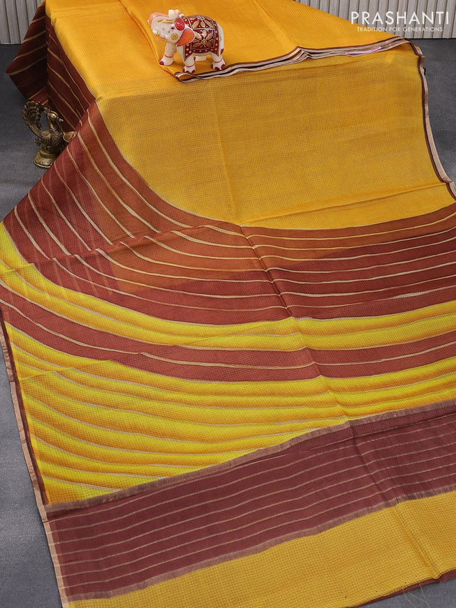 Silk kota saree mustard yellow and brown with wavy prints and zari woven piping border - {{ collection.title }} by Prashanti Sarees