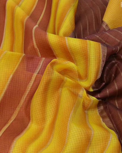 Silk kota saree mustard yellow and brown with wavy prints and zari woven piping border - {{ collection.title }} by Prashanti Sarees