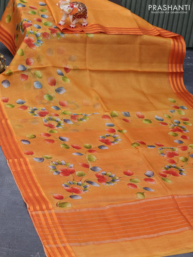 Silk kota saree orange shade with allover kalamkari prints and simple border - {{ collection.title }} by Prashanti Sarees