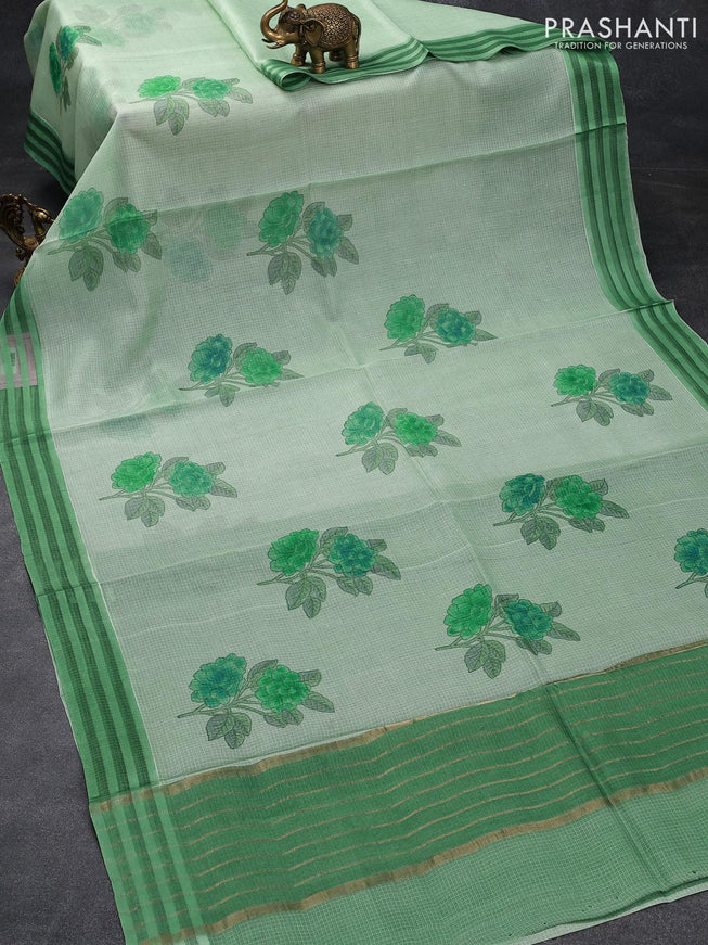 Silk kota saree pastel green with allover floral prints and simple border - {{ collection.title }} by Prashanti Sarees