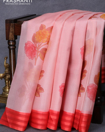 Silk kota saree peach pink and red with allover floral prints and simple border - {{ collection.title }} by Prashanti Sarees