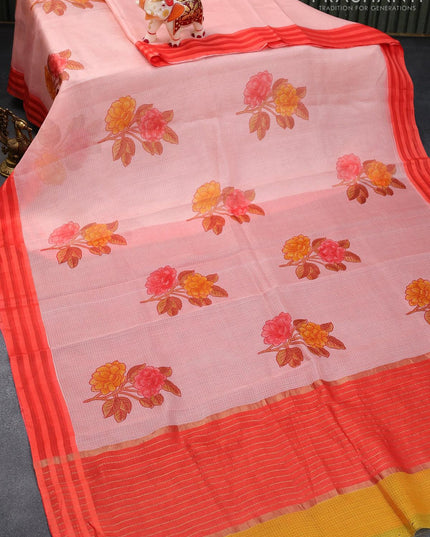 Silk kota saree peach pink and red with allover floral prints and simple border - {{ collection.title }} by Prashanti Sarees