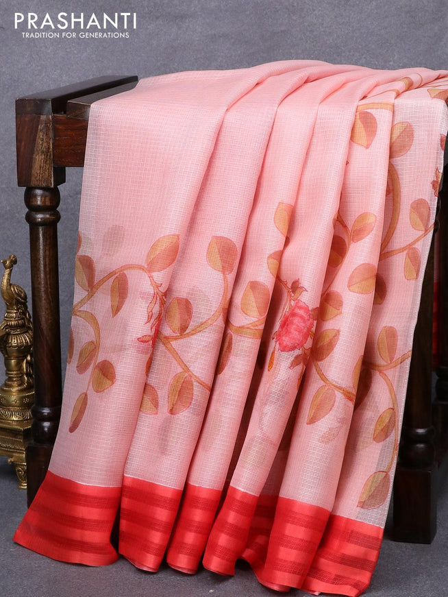 Silk kota saree peach pink and red with allover kalamkari prints and simple border - {{ collection.title }} by Prashanti Sarees