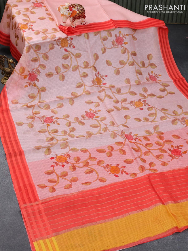 Silk kota saree peach pink and red with allover kalamkari prints and simple border - {{ collection.title }} by Prashanti Sarees