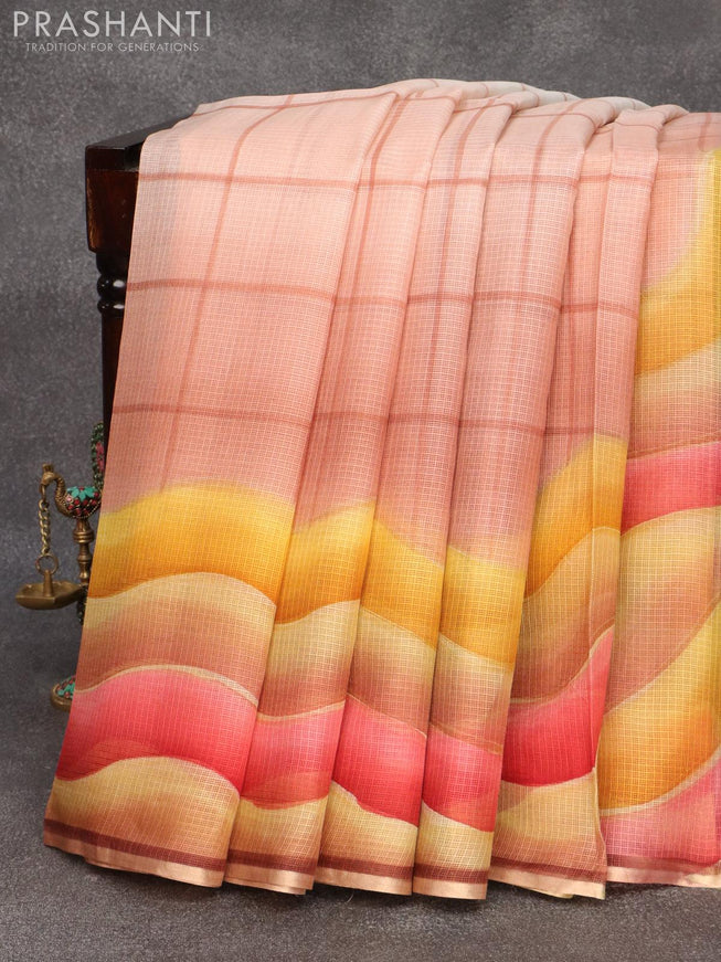 Silk kota saree peach shade and brown with wavy prints and zari woven piping border - {{ collection.title }} by Prashanti Sarees