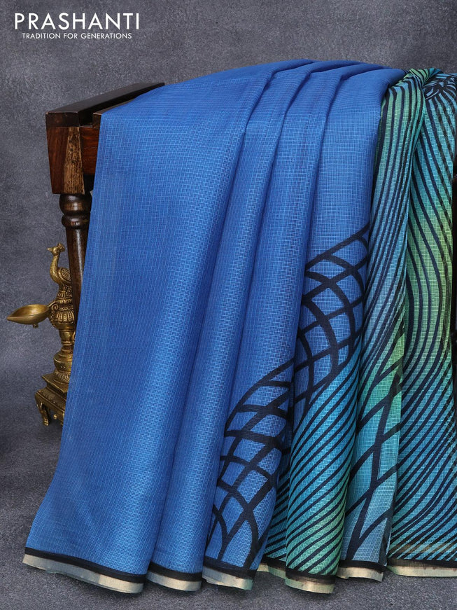 Silk kota saree peacock blue and light green with allover prints and zari woven piping border - {{ collection.title }} by Prashanti Sarees
