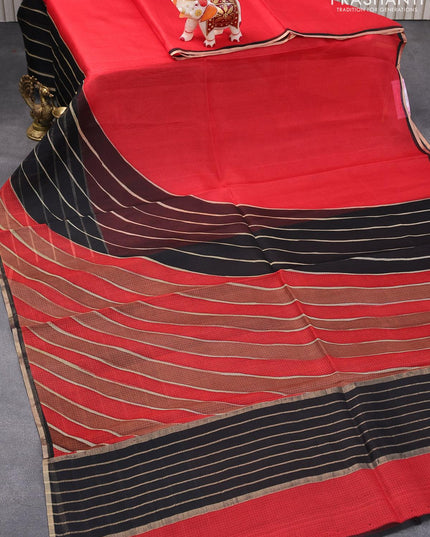 Silk kota saree red and black with allover stripe prints and zari woven piping border - {{ collection.title }} by Prashanti Sarees