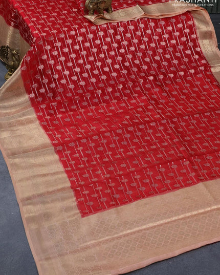 Silk kota saree red and peach shade with allover zari weaves and banarasi style border - {{ collection.title }} by Prashanti Sarees