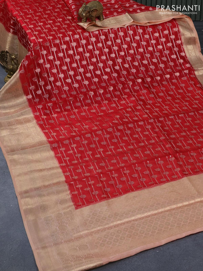 Silk kota saree red and peach shade with allover zari weaves and banarasi style border - {{ collection.title }} by Prashanti Sarees