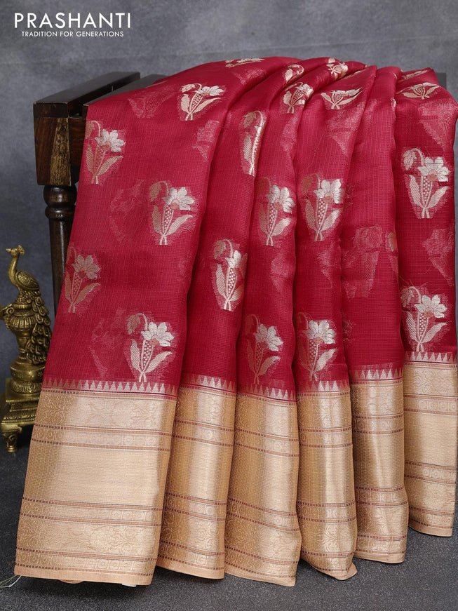Silk kota saree red and peach shade with floral zari woven buttas and long banarasi style border - {{ collection.title }} by Prashanti Sarees