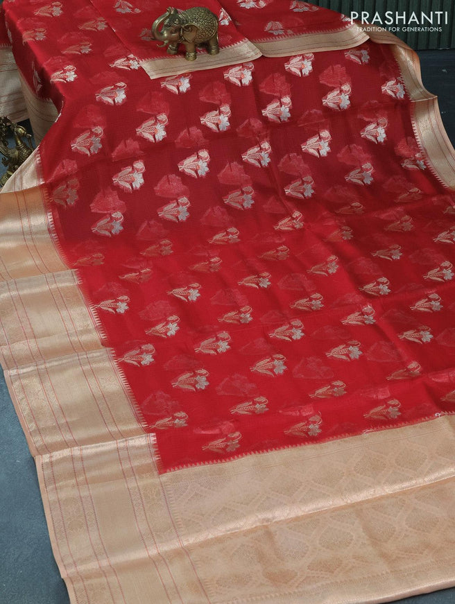 Silk kota saree red and peach shade with floral zari woven buttas and long banarasi style border - {{ collection.title }} by Prashanti Sarees