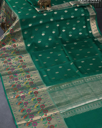 Silk kota saree teal green with zari woven buttas and long zari woven floral design paithani border - {{ collection.title }} by Prashanti Sarees