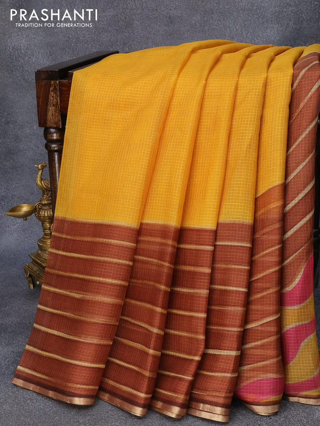 Silk kota saree yellow and brown with allover stripes pattern and zari woven piping border - {{ collection.title }} by Prashanti Sarees