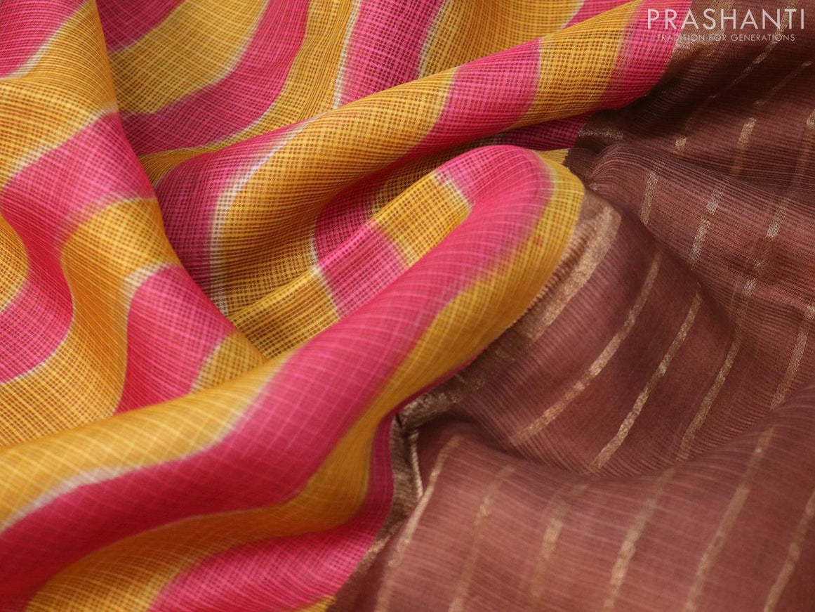 Silk kota saree yellow and brown with allover stripes pattern and zari woven piping border - {{ collection.title }} by Prashanti Sarees