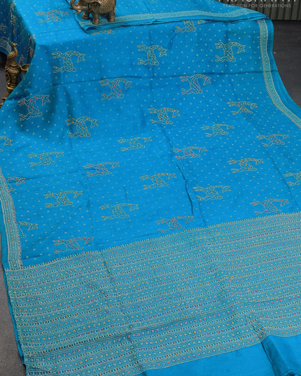 Silk saree cs blue with allover bandhani prints & french knot work - {{ collection.title }} by Prashanti Sarees