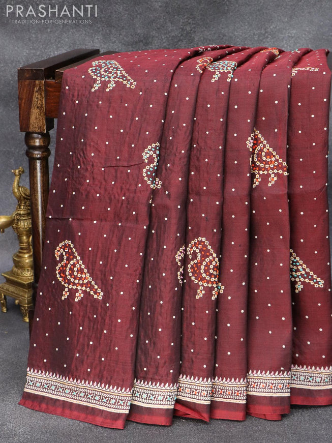 Silk saree maroon with allover bandhani prints & french knot work - {{ collection.title }} by Prashanti Sarees