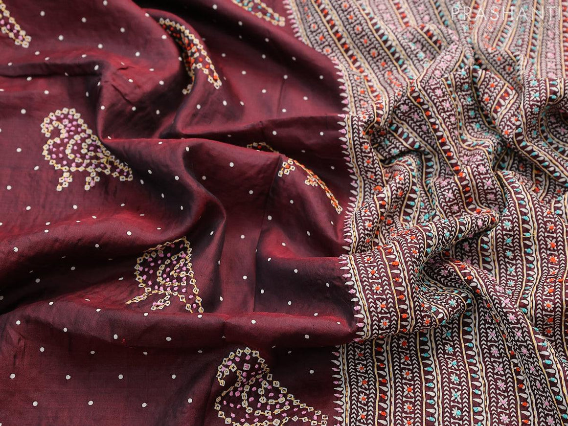 Silk saree maroon with allover bandhani prints & french knot work - {{ collection.title }} by Prashanti Sarees