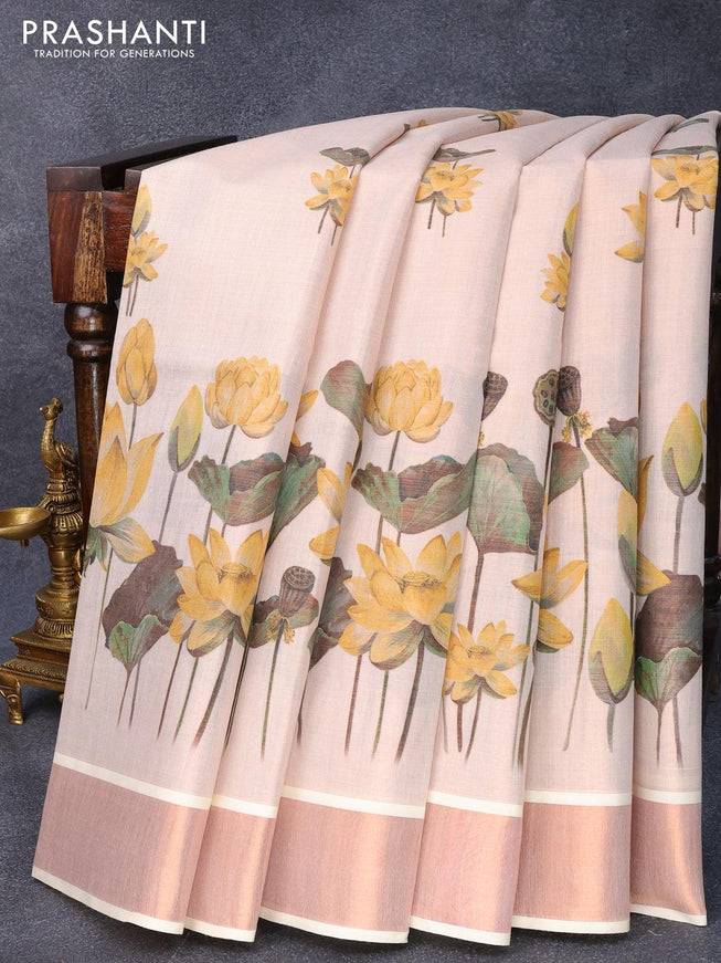 Tissue cotton saree off white and with allover floral prints and copper zari woven border - {{ collection.title }} by Prashanti Sarees
