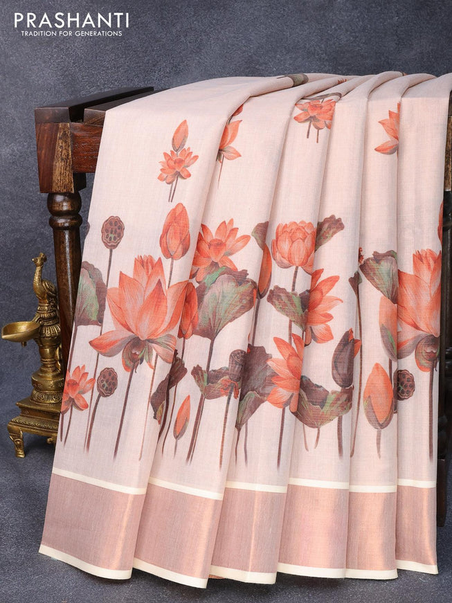 Tissue cotton saree off white and with allover floral prints and copper zari woven border - {{ collection.title }} by Prashanti Sarees
