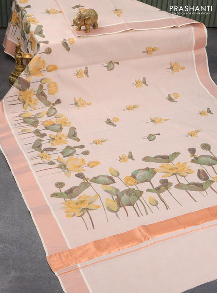 Tissue cotton saree off white and with allover floral prints and copper zari woven border - {{ collection.title }} by Prashanti Sarees