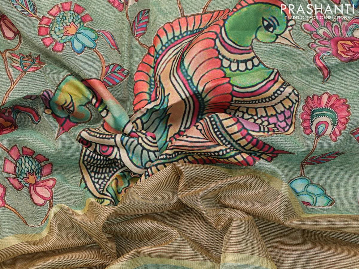 Tissue kota saree green with allover kalamkari applique work and simple zari border - {{ collection.title }} by Prashanti Sarees