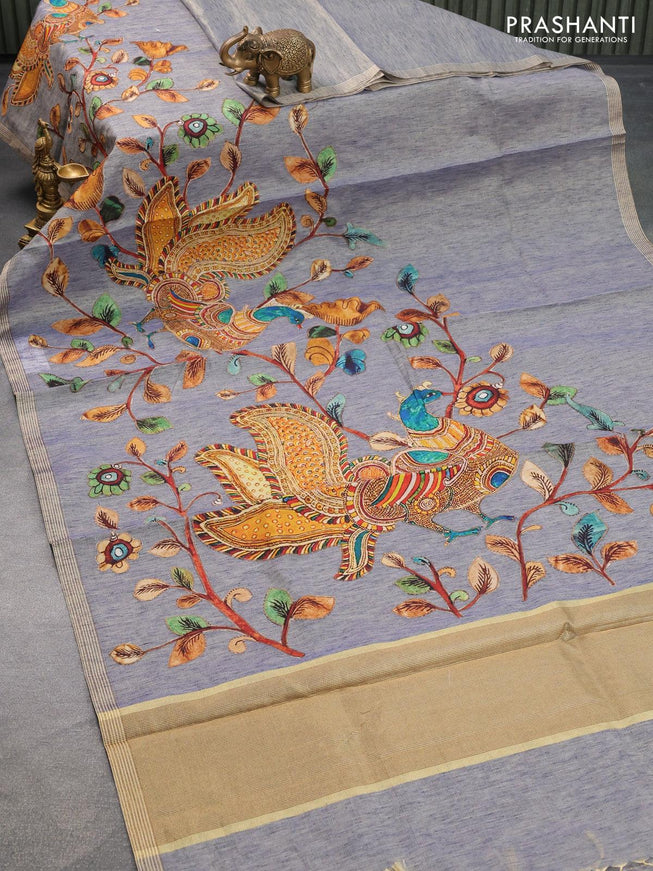 Tissue kota saree grey shade with allover kalamkari applique work and simple border - {{ collection.title }} by Prashanti Sarees