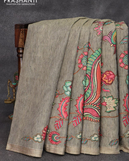 Tissue kota saree grey shade with allover kalamkari applique work and simple zari border - {{ collection.title }} by Prashanti Sarees