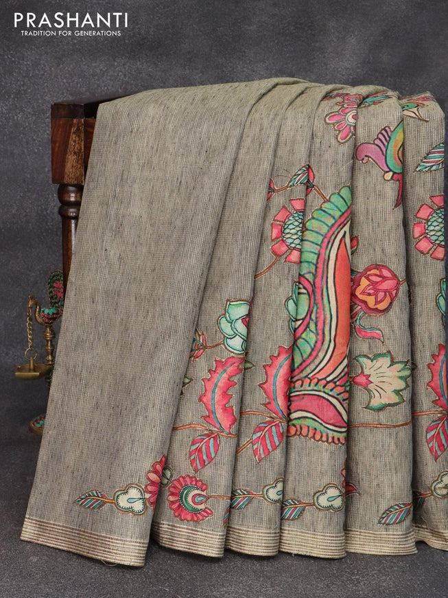 Tissue kota saree grey shade with allover kalamkari applique work and simple zari border - {{ collection.title }} by Prashanti Sarees