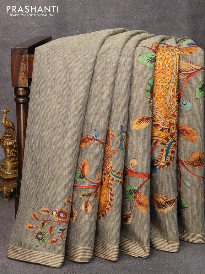Tissue kota saree grey with allover kalamkari applique work and simple border - {{ collection.title }} by Prashanti Sarees