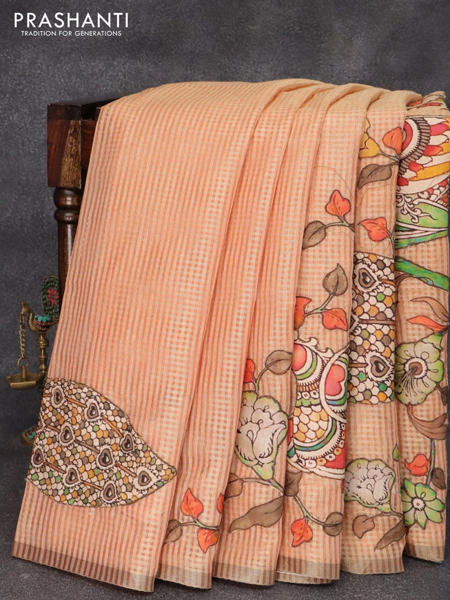 Tissue kota saree pale orange with allover kalamkari applique work and simple zari border - {{ collection.title }} by Prashanti Sarees