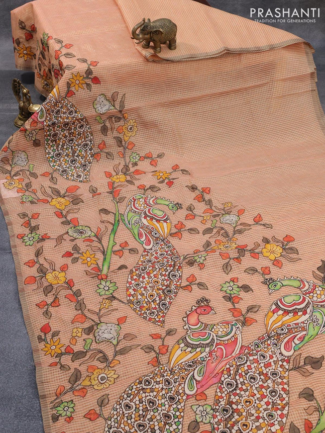 Tissue kota saree pale orange with allover kalamkari applique work and simple zari border - {{ collection.title }} by Prashanti Sarees