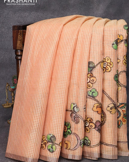 Tissue kota saree pale orange with allover kalamkari applique work and zari piping border - {{ collection.title }} by Prashanti Sarees
